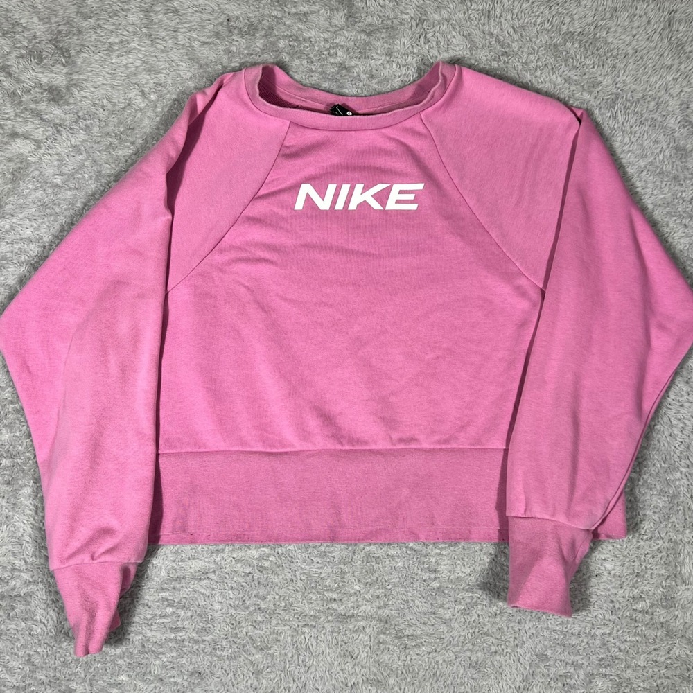 Nike Dri-FIT Pink Cropped Sweatshirt Womens Large Logo Pullover Raglan 1638